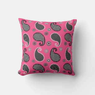 Coussin Motif à cachemire, rose fuchsia, noir et blanc