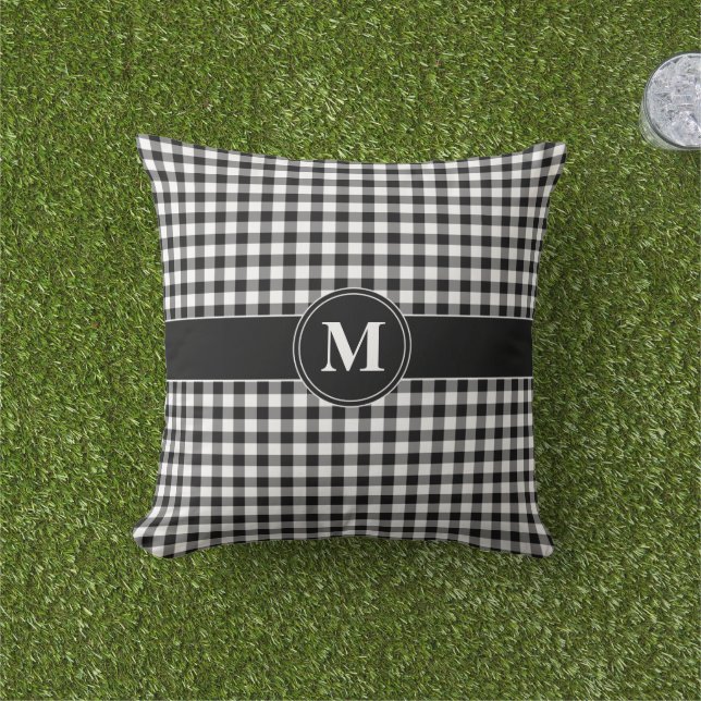 Coussin Motif à carreaux et gingham noir et blanc avec mon (Herbe)