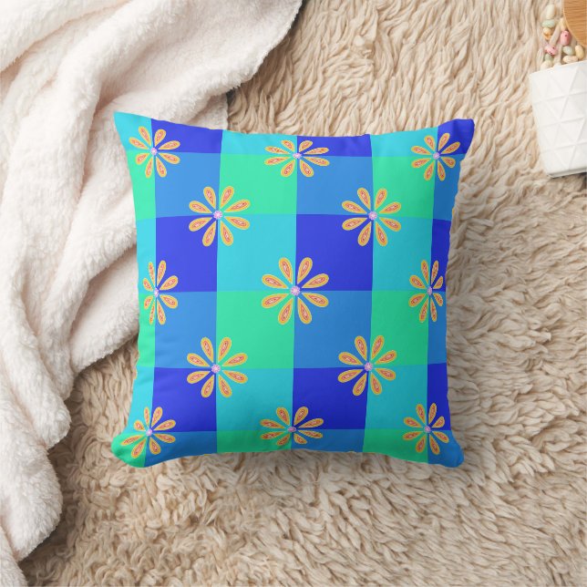 Coussin Motif à carreaux Fleur Rétro Jaune (Couverture)