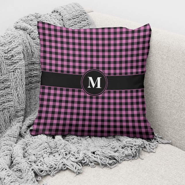 Coussin Motif à carreaux Gingham rose noir et monogramme (Créateur téléchargé)