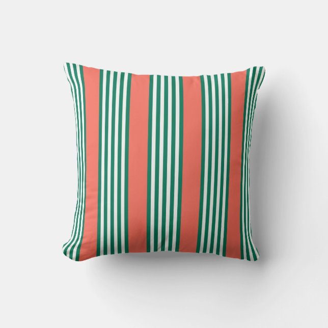 Coussin Motif à cinq bandes vert et blanc avec corail (Recto)
