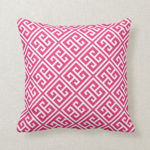 Coussin Motif à clé grecque rose fraise