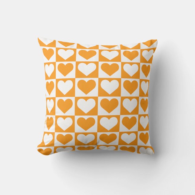 Coussin Motif à coeurs en damier - Orange et Blanc  (Recto)