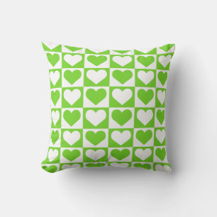 Coussin Motif à coeurs en damier - Vert et blanc 