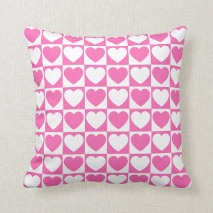 Coussin Motif À damiers rose et blanc aux coeurs