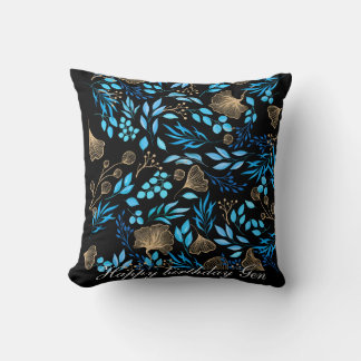 Coussin Motif à fleurs bleu et or Ajouter votre nom