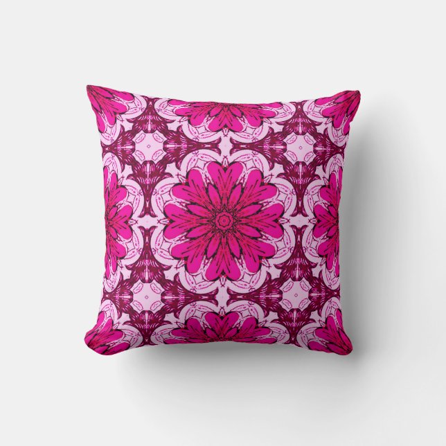Coussin Motif à fleurs géométriques en Bourgogne & Magenta (Recto)