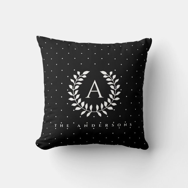 Coussin Motif à pois monogramme laurier blanc sur fond noi (Recto)