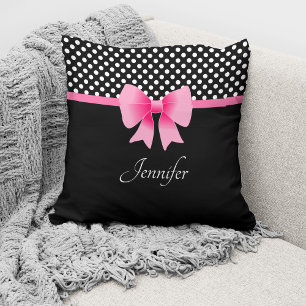 Coussin Motif à pois noir et blanc avec ruban rose Nom