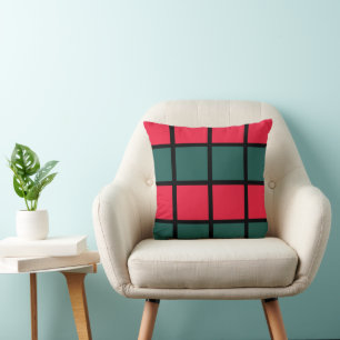Coussin Motif à rayures à carreaux rouge vert noir