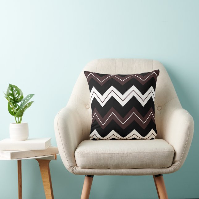 Coussin Motif à rayures chevron noir blanc marron (Chaise)