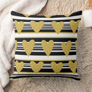 Coussin Motif à rayures cœur noir et blanc graphique
