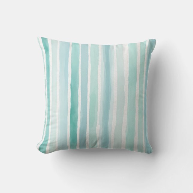 Coussin Motif à rayures verticales aquarelle aqua côtier  (Recto)