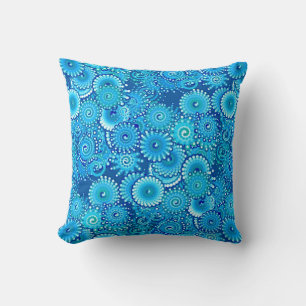 Coussin Motif à spirale fractale, nuances de bleu de Cobal