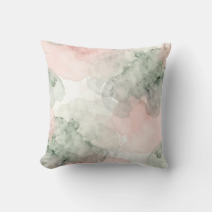 Coussin Motif Abstrait Aquarelle Vert Sauge Rose Tendre