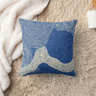 Coussin Motif Abstrait de Vague en Bois Bleu Blanc