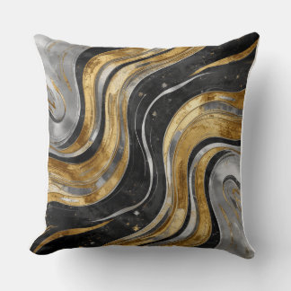 Coussin Motif abstrait en marbre fluide noir et or de luxe