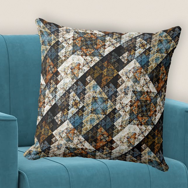 Coussin Motif Abstrait géométrique Nature (Pillow with an abstract geometric fractal pattern in colors inspired by nature.)