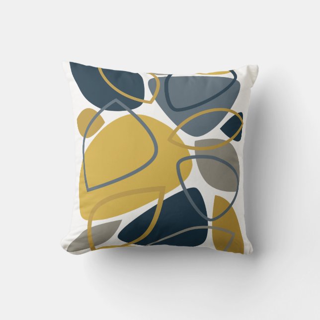 Coussin Motif Abstrait Moderne au Moutarde Bleu Marine (Recto)