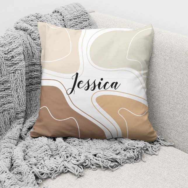 Coussin Motif Abstrait Moderne Bohème Brun Beige Nom (Créateur téléchargé)