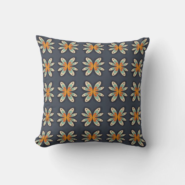 Coussin Motif abstrait rétro floral orange bleu marine  (Recto)