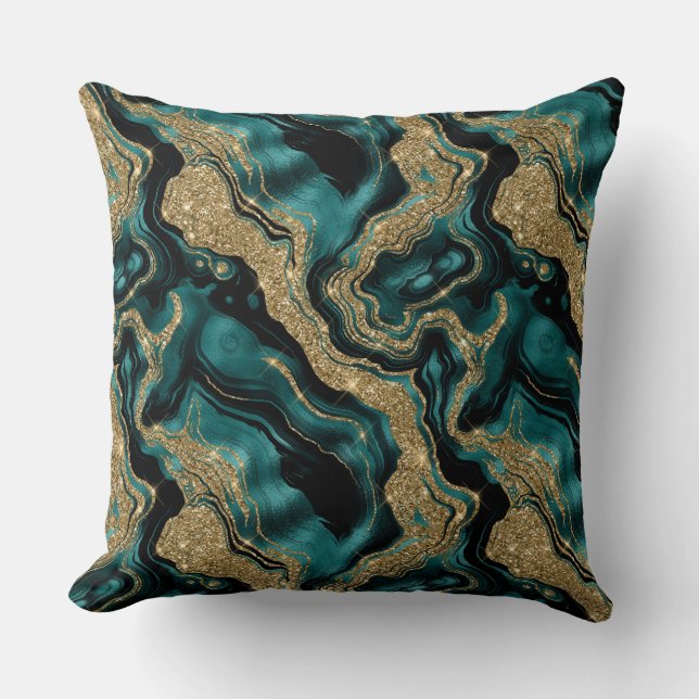 Coussin Motif agate élégant sarcelle et or pailleté (Recto)
