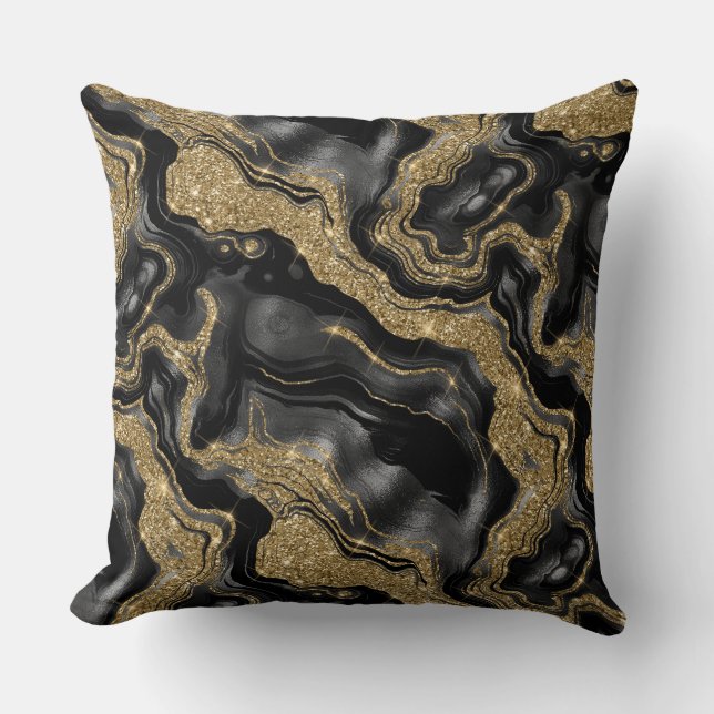 Coussin Motif agate pailleté noir et or élégant (Recto)