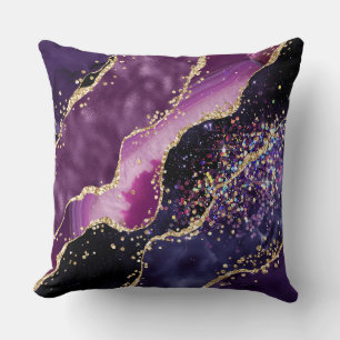 Coussin Motif agate pailleté violet, rose et or
