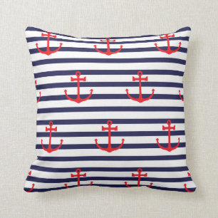 Coussin Motif Ancre rouge sur Arrière - plan rayé bleu m