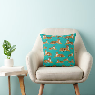 Coussin Motif animalier tigre orange sarcelle