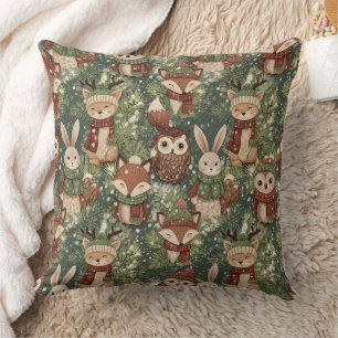 Coussin Motif Animaux de Noël en Forêt – Hiver Mignon