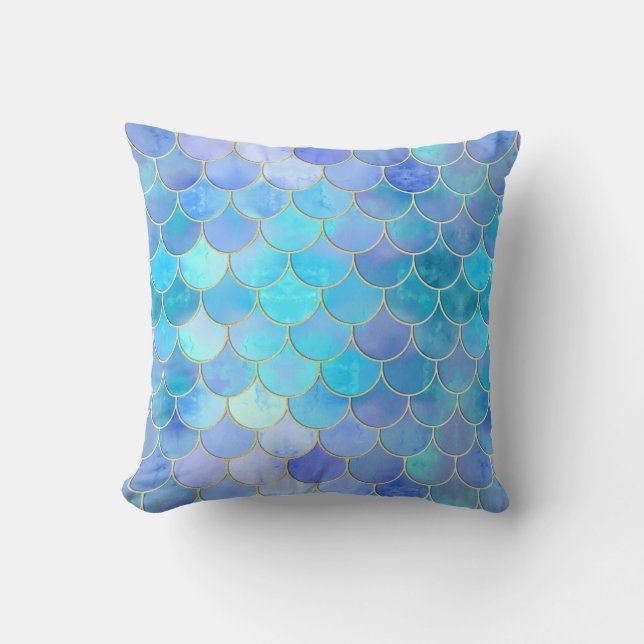 Coussin Motif Aqua Pearlescent & Gold Mermaid (Recto)