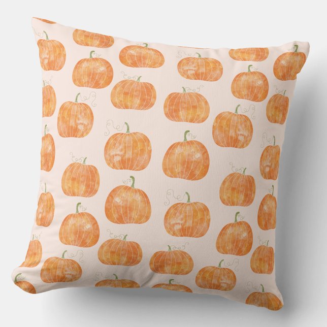 Coussin Motif aquarelle de citrouille (Pumpkin watercolor pattern burnt orange and blush pink throw pillow)