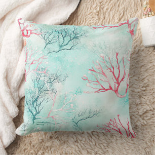 Coussin Motif aquarelle de coquillages de récif corallien