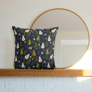 Coussin Motif aquarelle de poire verte sur fond bleu foncé