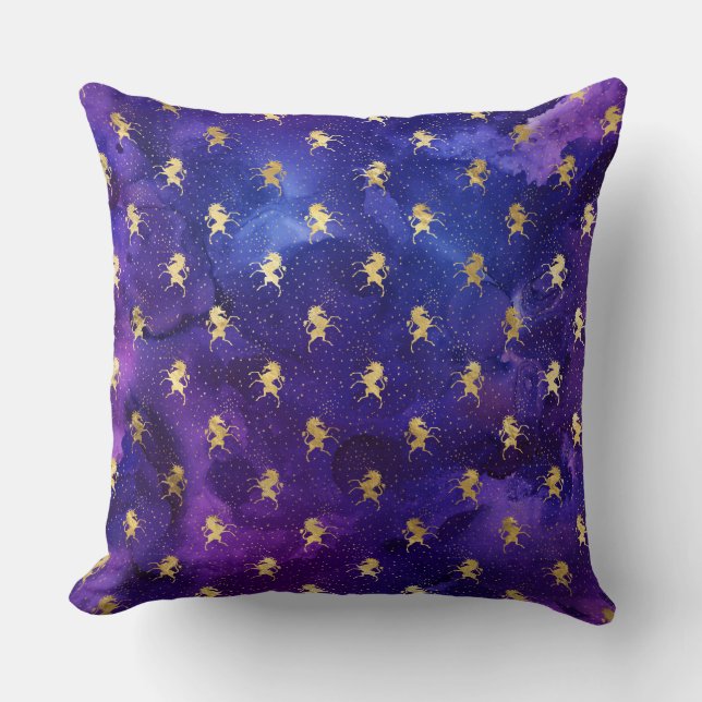 Coussin Motif aquarelle violet avec licorne dorée (Recto)