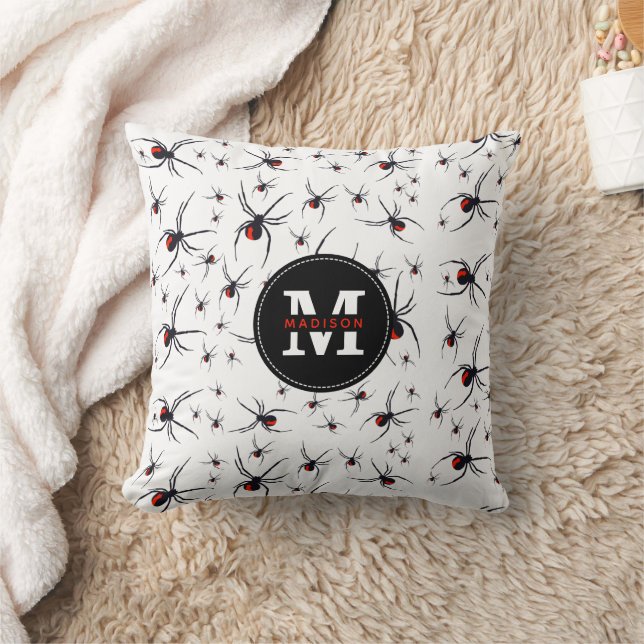 Coussin Motif araignée rouge et noir monogrammé (Couverture)