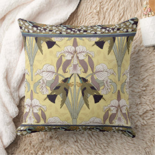 Coussin Motif Art Nouveau d'orchidée colibri vintage