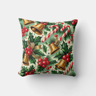 Coussin Motif artistique de cloches de Noël, houx et canne