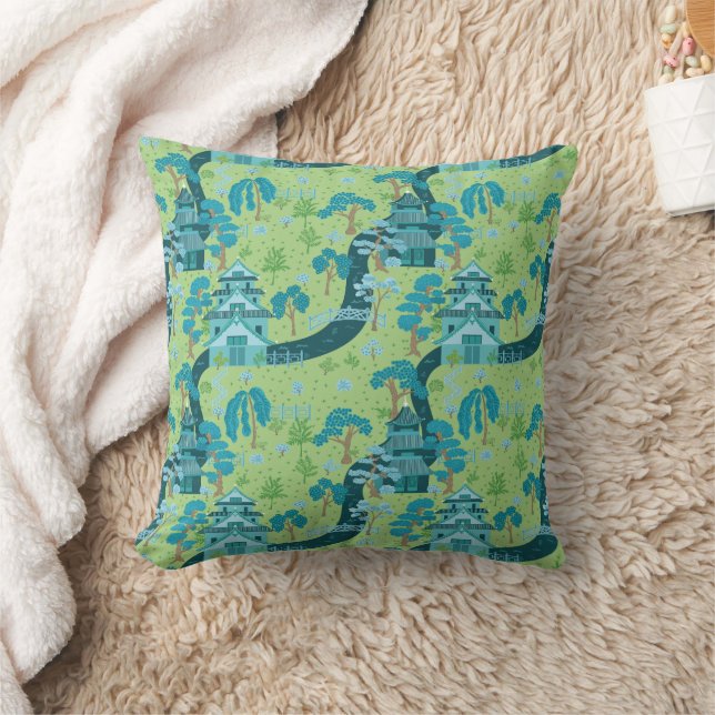 Coussin Motif Asiatique Bleu Vert (Couverture)