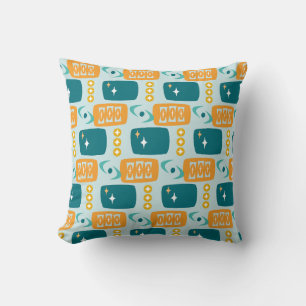Coussin Motif Atomique de la Mi-Siècle en Aqua, Orange, Sa