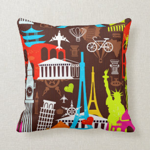 Coussin Motif au néon de voyage du monde