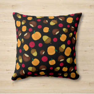 Coussin Motif Automne Citrouille Gland Marron Baies Noir