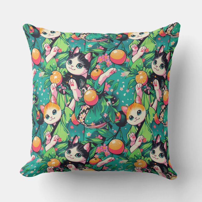 Coussin Motif avec des chats kawaii en kimonos, (Recto)