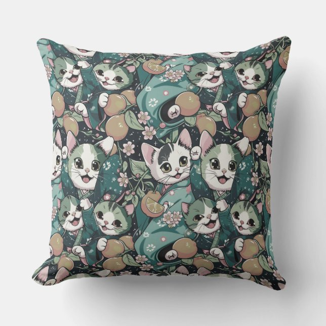Coussin Motif avec des chats kawaii en kimonos, (Recto)