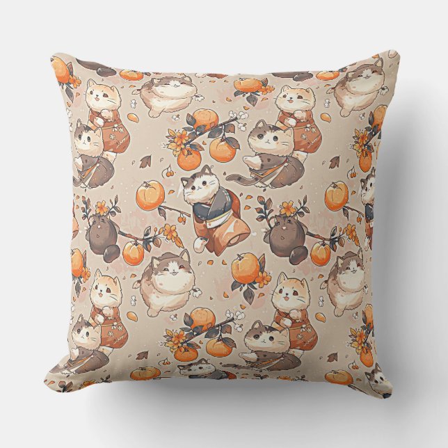 Coussin Motif avec des chats kawaii en kimonos, (Recto)