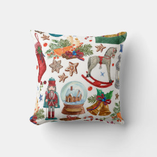 Coussin Motif avec ornements de Noël Vintage, jouets et