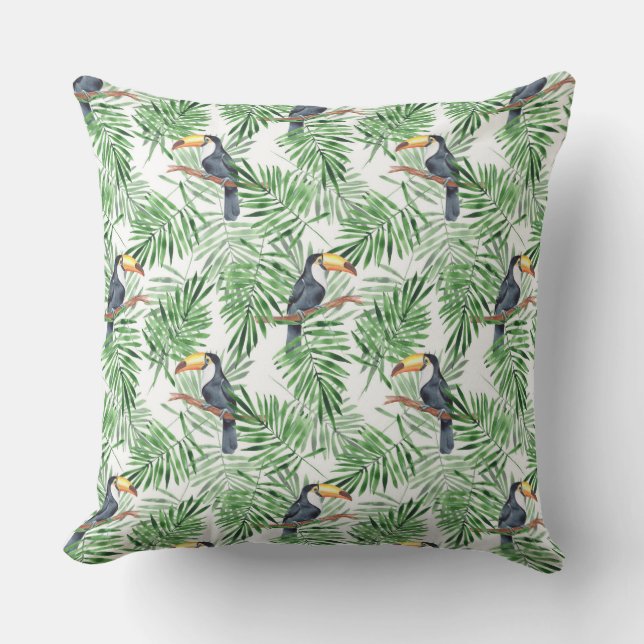 Coussin Motif avec toucan et feuilles de palmiers verts (Recto)