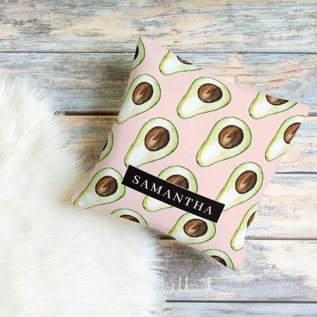 Coussin Motif Avocado Rose Et Vert Moderne Avec Nom (Créateur téléchargé)