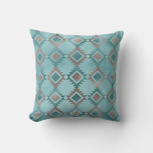 Coussin Motif Aztèque Sud-Ouest Turquoise Bleu